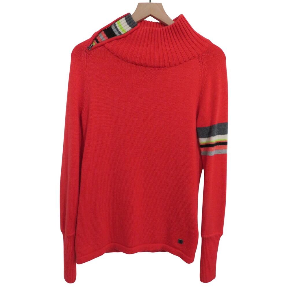 Smartwool Women Sz M Red Merino Wool Cowl Neck Striped Sleeve Sweater Gorpcore